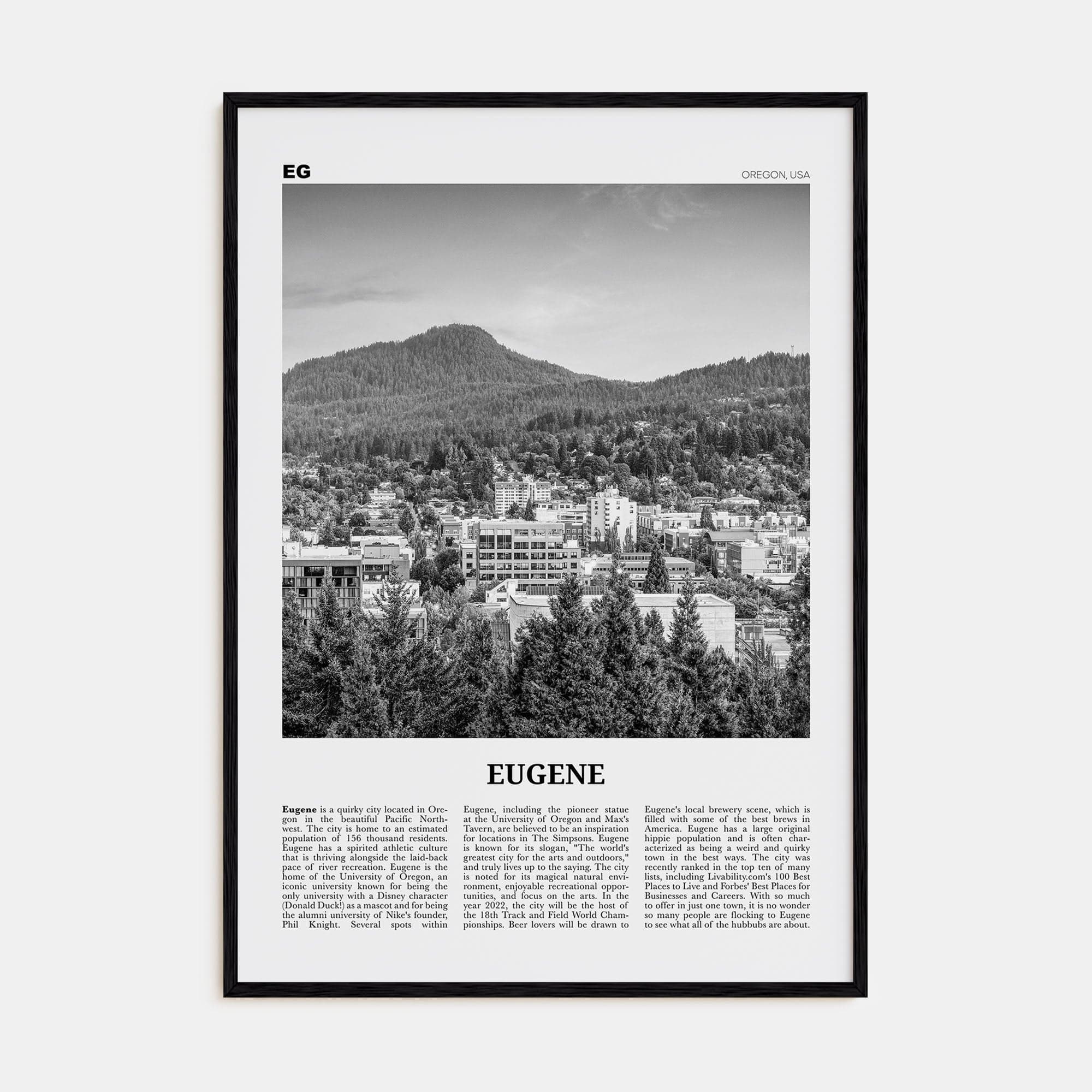 Eugene Poster Black Wood / 8x12 in Nbourhood Travel B&W Poster