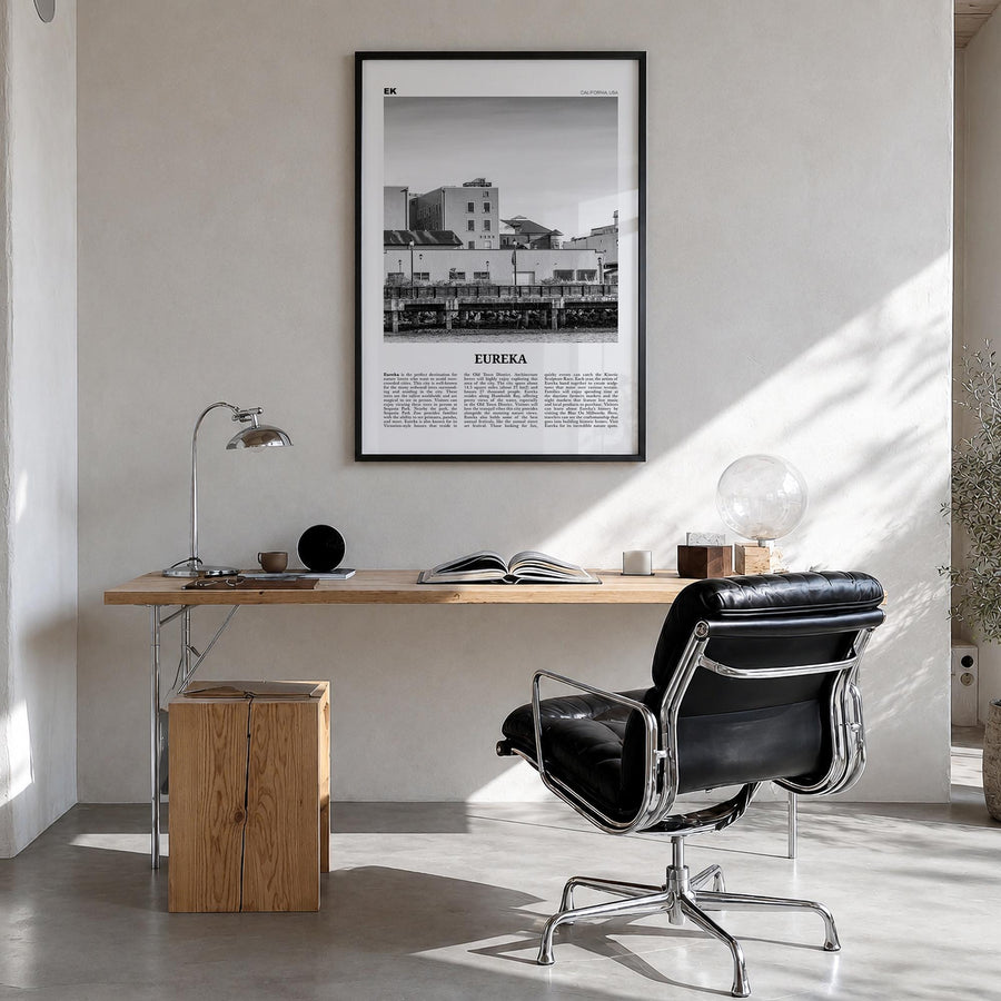 Eureka black & white newspaper poster of California, USA – vertical wall art in black wood frame, hanging on wall