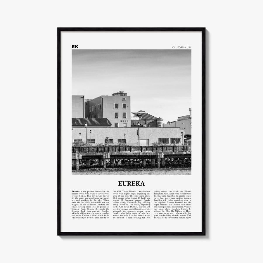 Eureka black & white newspaper poster of California, USA – vertical wall art, unframed print shown in interior mockup