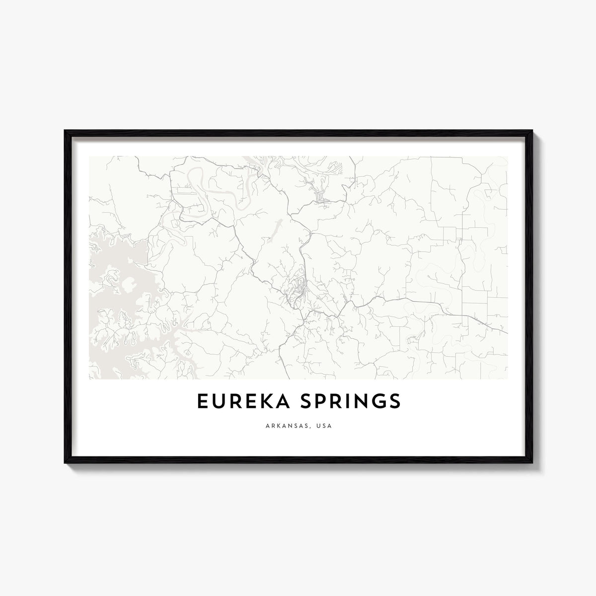 Eureka Springs black & white map poster of Arkansas, USA – horizontal wall art, unframed print shown in interior mockup