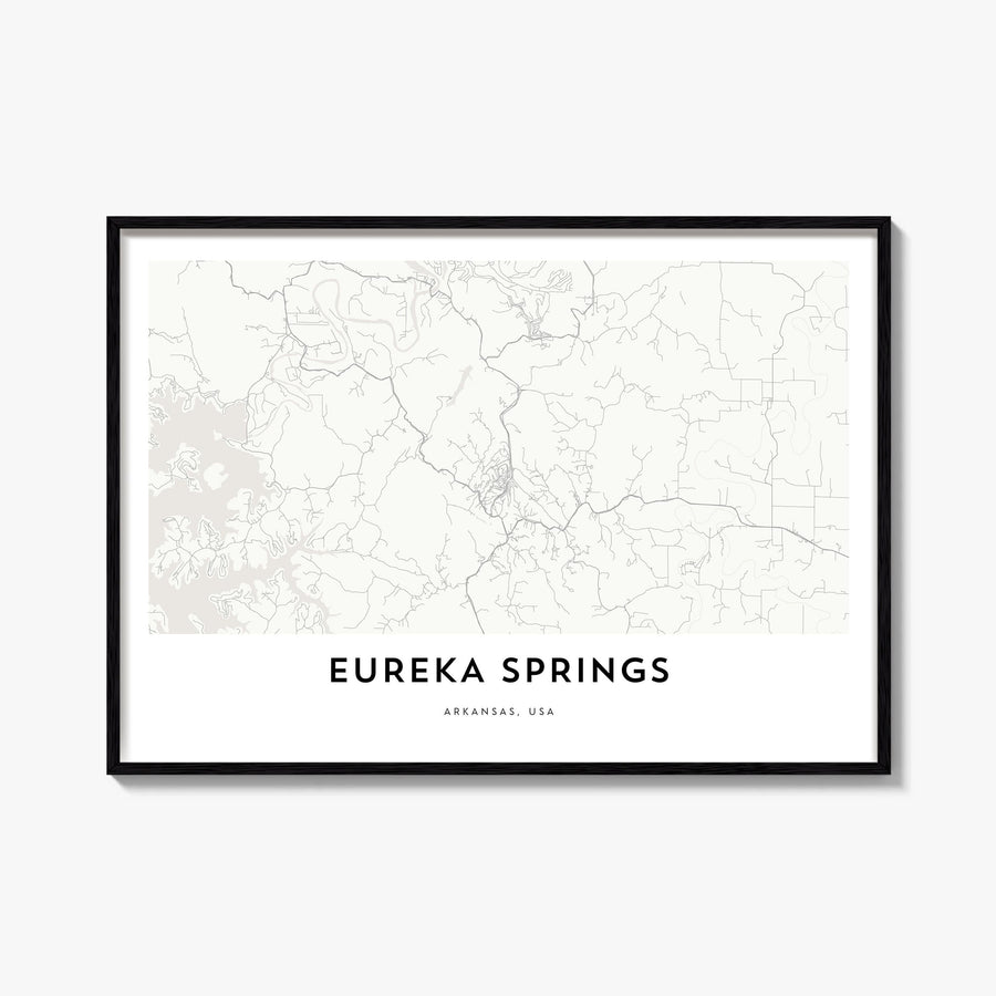 Eureka Springs black & white map poster of Arkansas, USA – horizontal wall art, unframed print shown in interior mockup