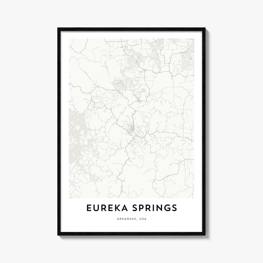 Eureka Springs black & white map poster of Arkansas, USA – vertical wall art, unframed print shown in interior mockup