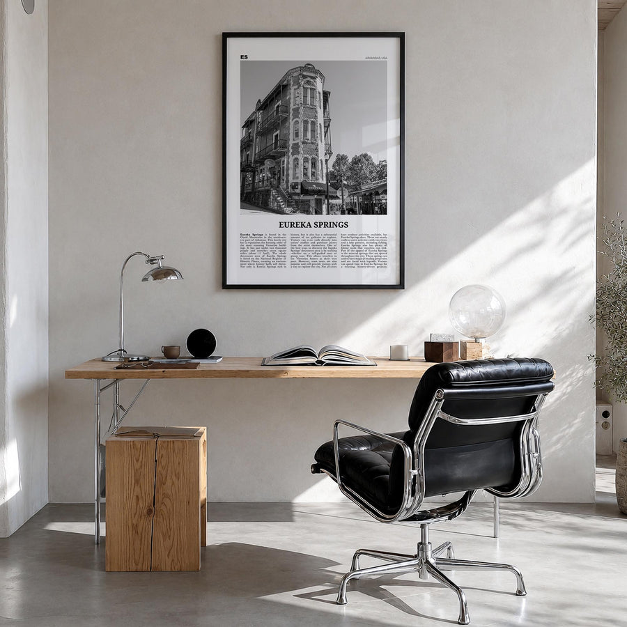Eureka Springs black & white newspaper poster of Arkansas, USA – vertical wall art in black wood frame, hanging on wall