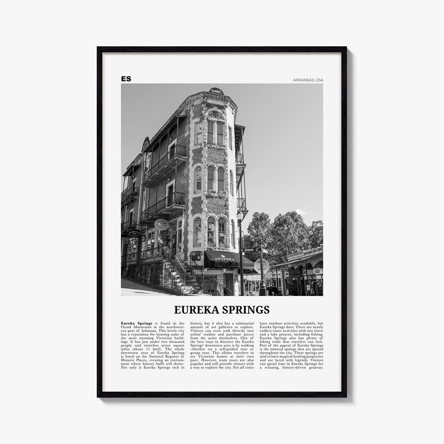 Eureka Springs black & white newspaper poster of Arkansas, USA – vertical wall art, unframed print shown in interior mockup