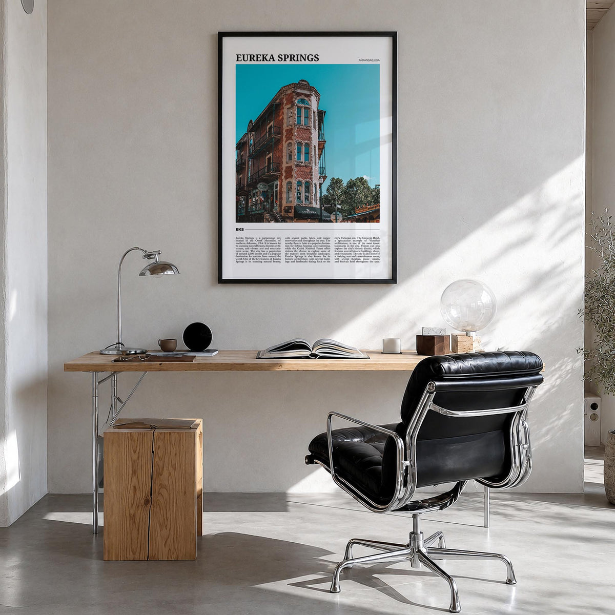Eureka Springs colorful travel poster of Arkansas, USA – vertical wall art in black wood frame, hanging on wall