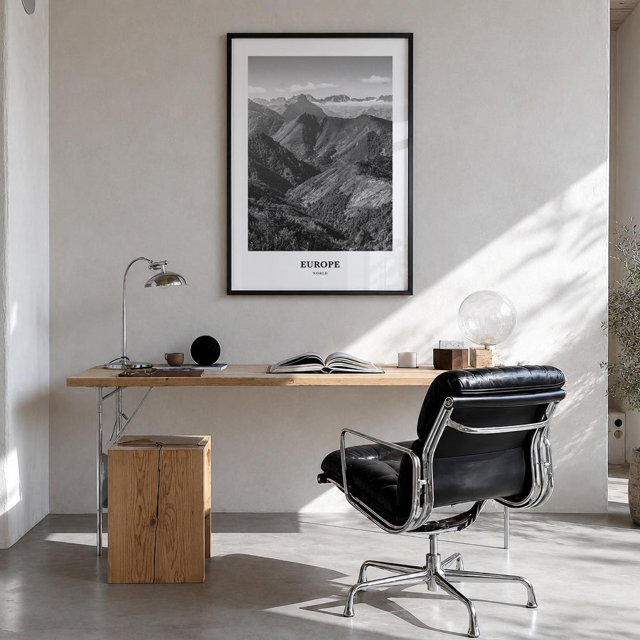 Europe black & white classic poster – vertical wall art in black wood frame, hanging on wall
