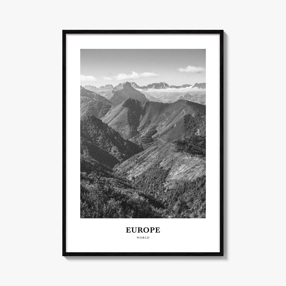 Europe black & white classic poster – vertical wall art, unframed print shown in interior mockup