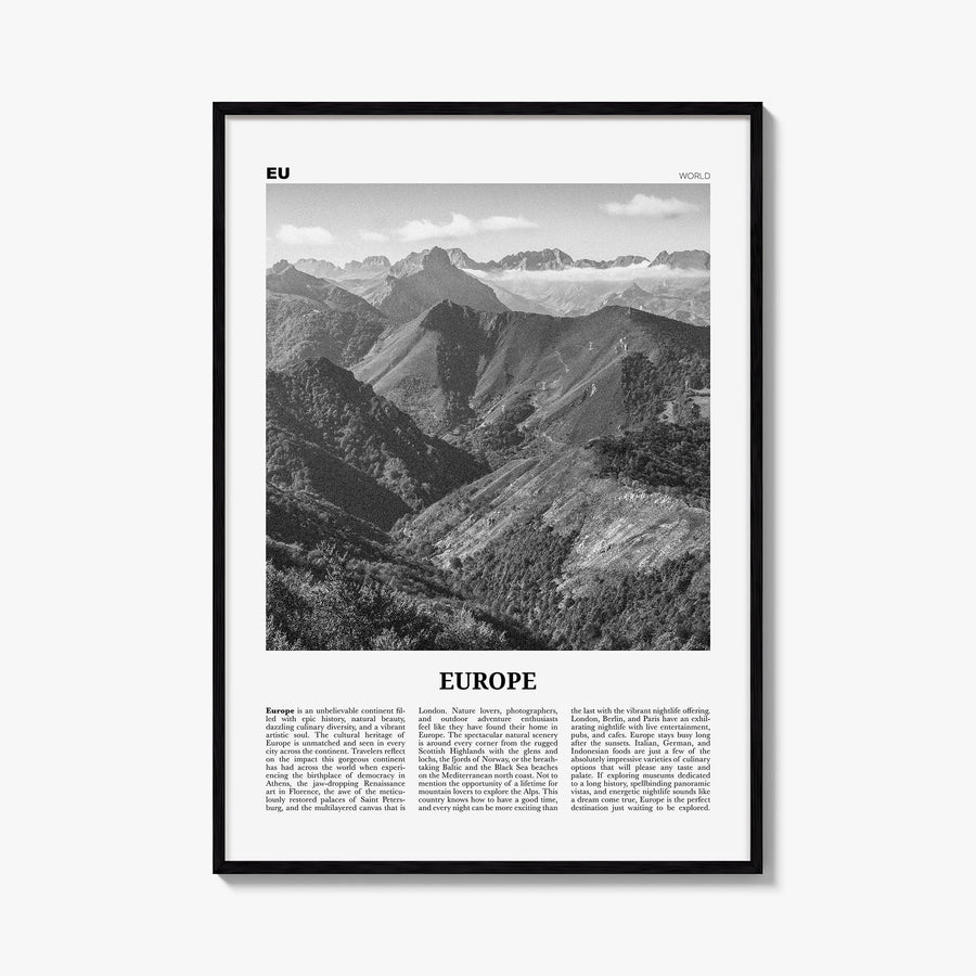 Europe black & white newspaper poster – vertical wall art, unframed print shown in interior mockup