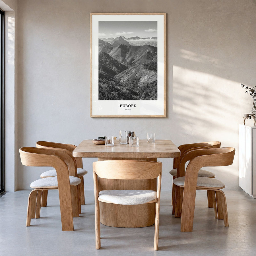 Europe Classic Poster in a natural wood frame, hanging in a dining room