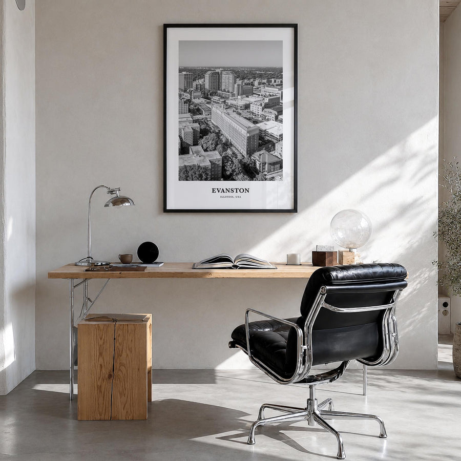 Evanston black & white classic poster of Illinois, USA – vertical wall art in black wood frame, hanging on wall