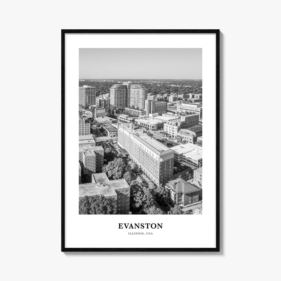 Evanston black & white classic poster of Illinois, USA – vertical wall art, unframed print shown in interior mockup