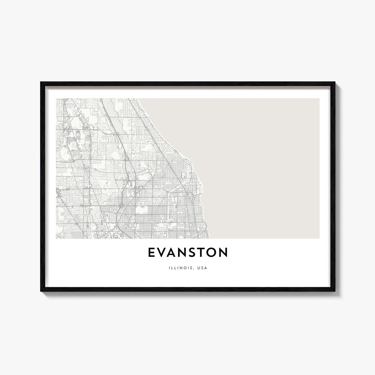 Evanston black & white map poster of Illinois, USA – horizontal wall art, unframed print shown in interior mockup