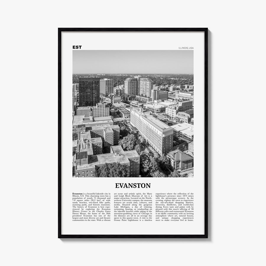 Evanston black & white newspaper poster of Illinois, USA – vertical wall art, unframed print shown in interior mockup