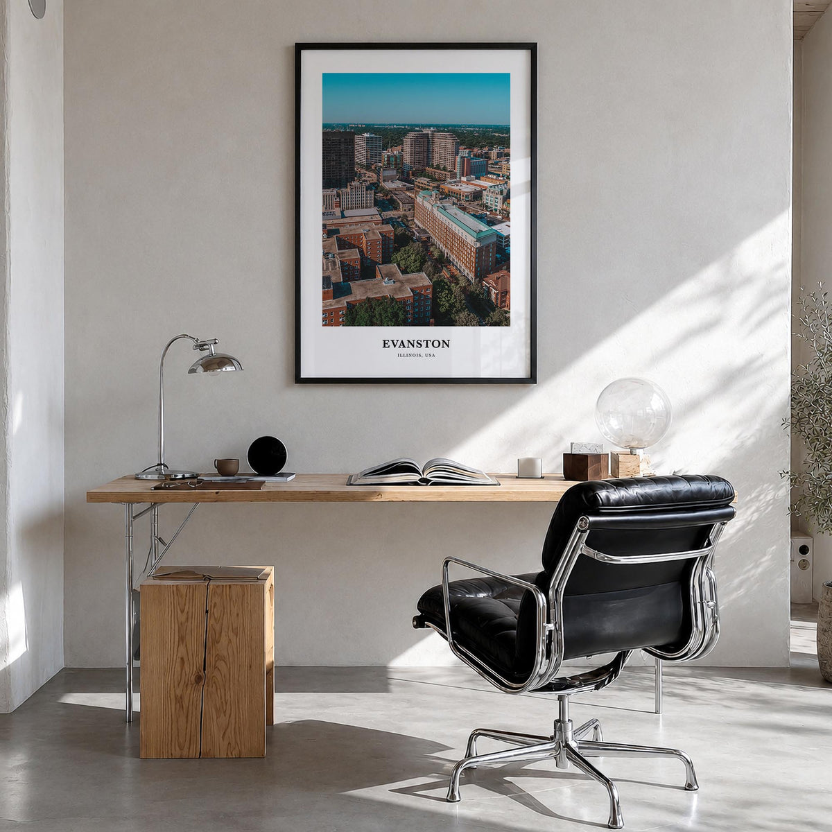 Evanston colorful classic poster of Illinois, USA – vertical wall art in black wood frame, hanging on wall
