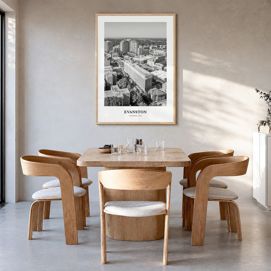 Evanston Classic Poster in a natural wood frame, hanging in a dining room