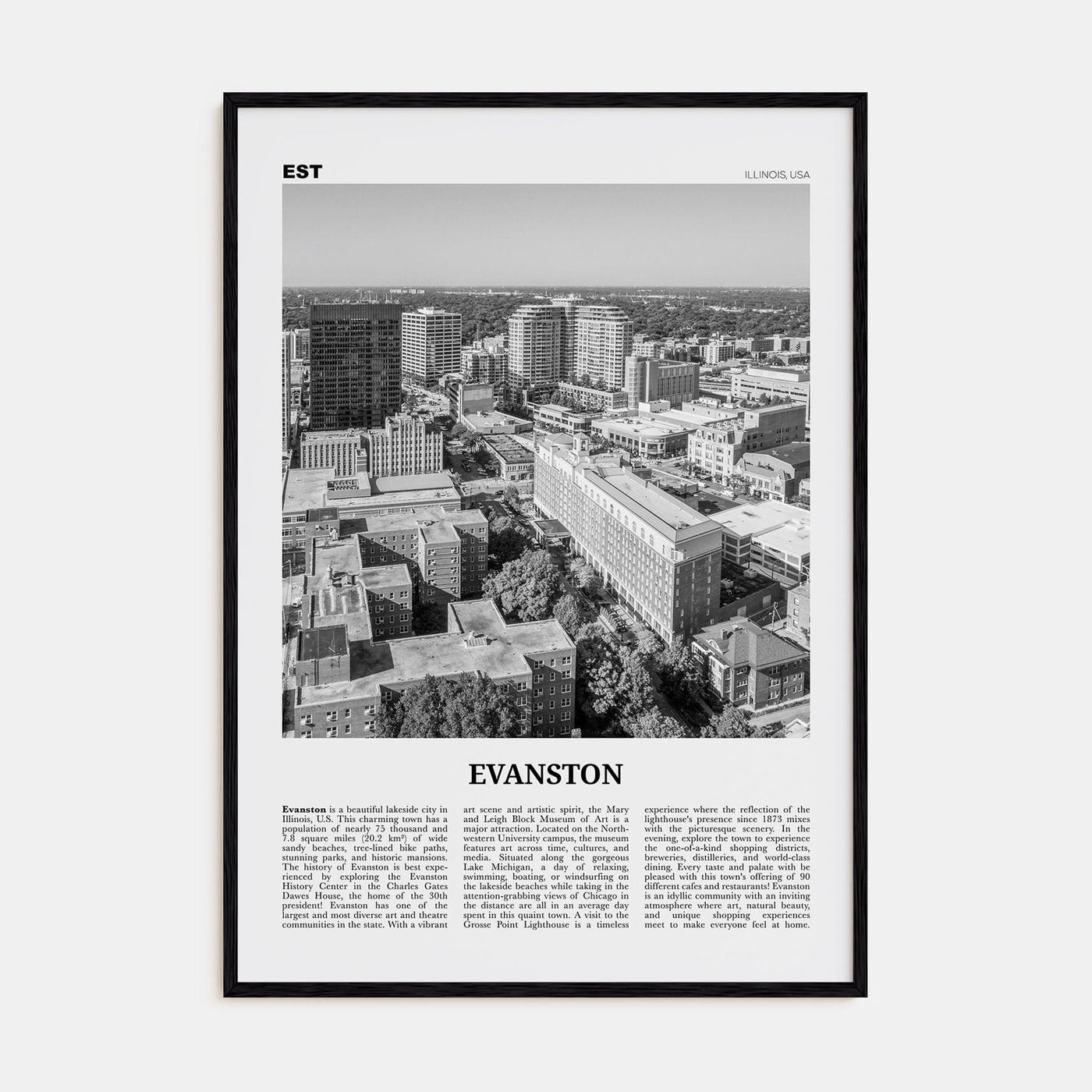 Evanston Poster Black Wood / 8x12 in Nbourhood Travel B&W Poster