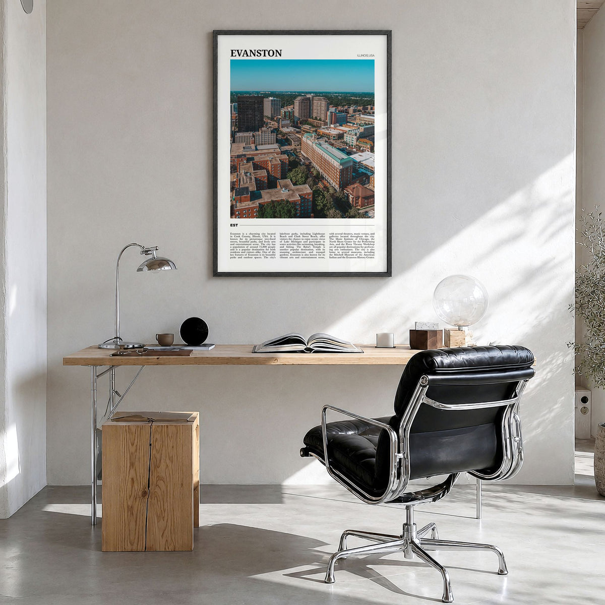 Evanston Travel Poster in a black wood frame, hanging in a bright home office