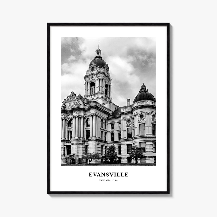 Evansville black & white classic poster of Indiana, USA – vertical wall art, unframed print shown in interior mockup