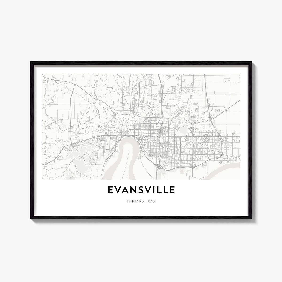 Evansville black & white map poster of Indiana, USA – horizontal wall art, unframed print shown in interior mockup