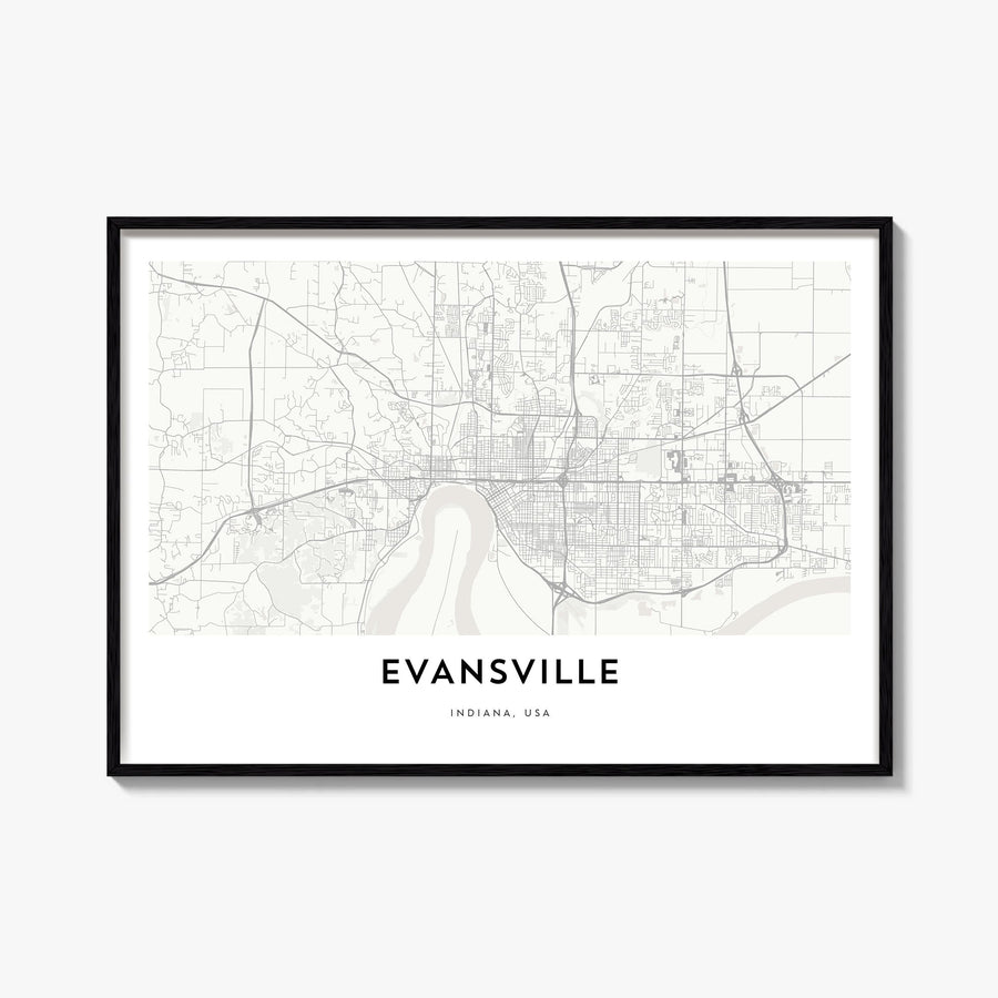 Evansville black & white map poster of Indiana, USA – horizontal wall art, unframed print shown in interior mockup