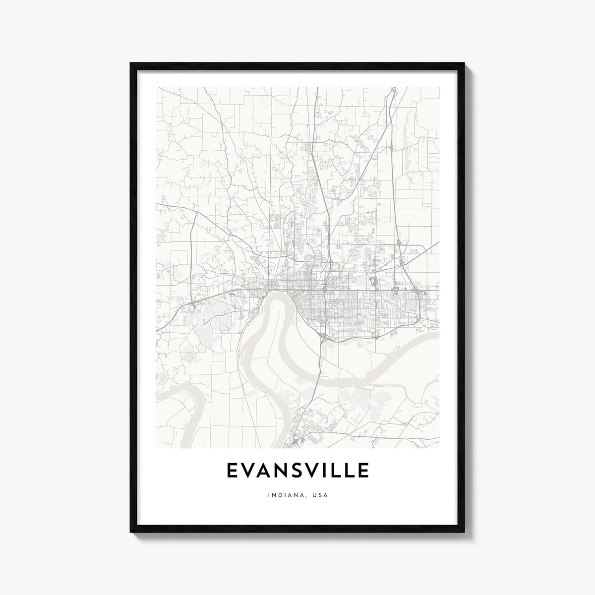 Evansville black & white map poster of Indiana, USA – vertical wall art, unframed print shown in interior mockup