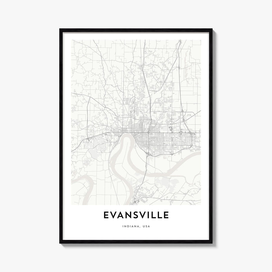 Evansville black & white map poster of Indiana, USA – vertical wall art, unframed print shown in interior mockup
