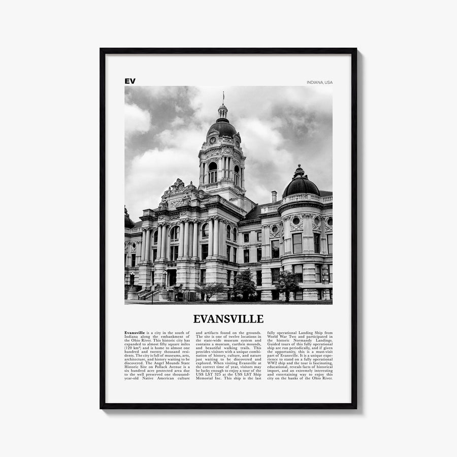 Evansville black & white newspaper poster of Indiana, USA – vertical wall art, unframed print shown in interior mockup