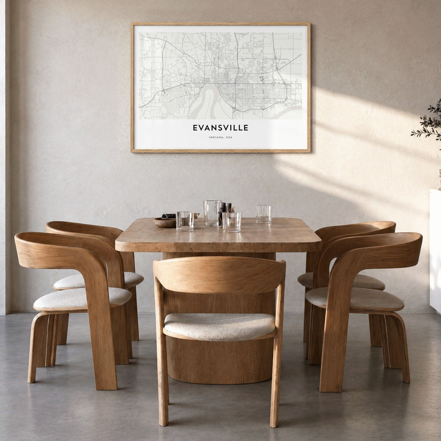 Evansville Map Poster in a natural wood frame, hanging in a dining room