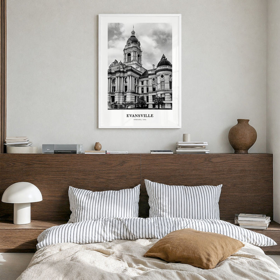 Evansville Classic Poster in a white wood frame, hanging in a bedroom