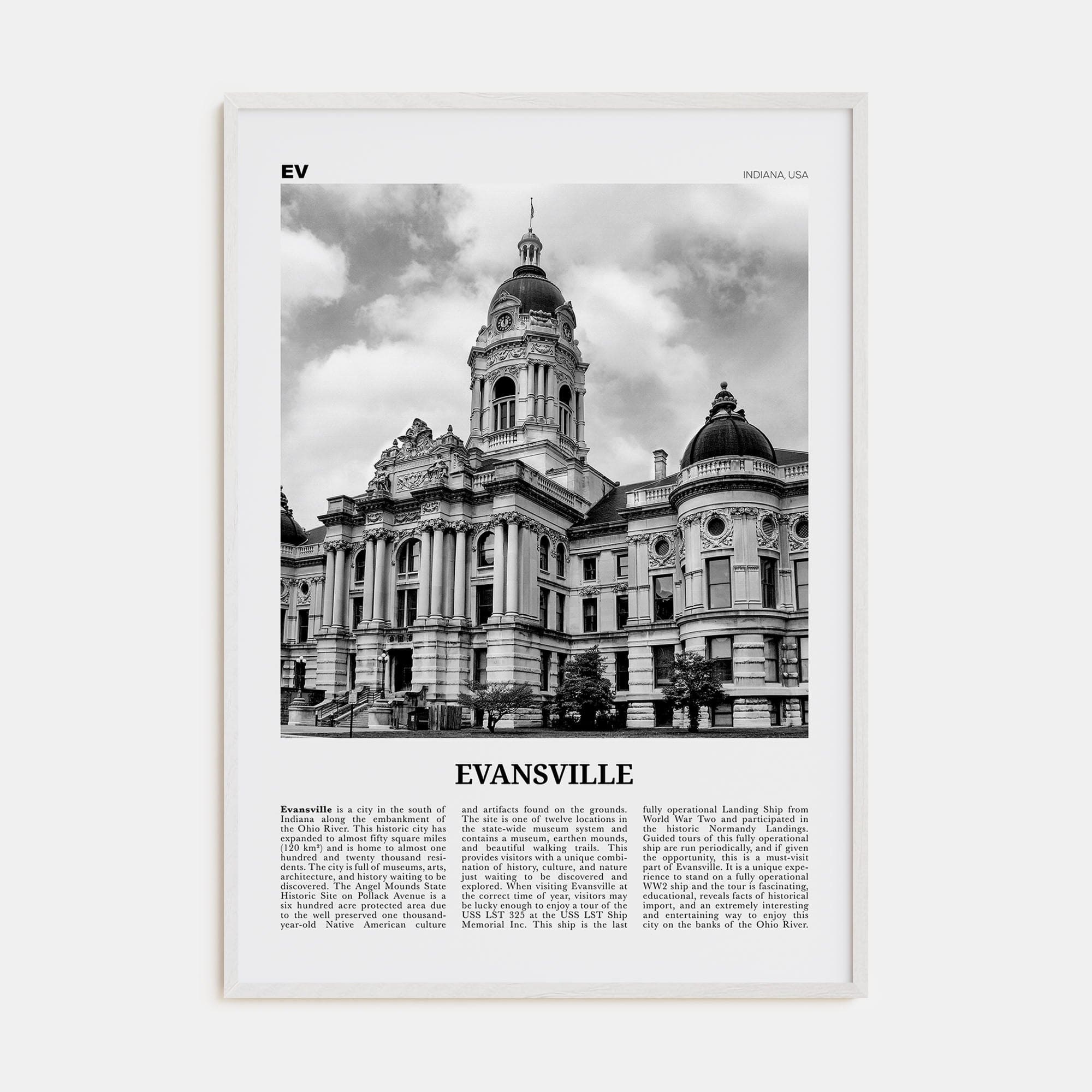 Evansville Poster White Wood / 8x12 in Nbourhood Travel B&W Poster