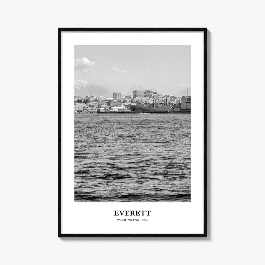 Everett black & white classic poster of Washington, USA – vertical wall art, unframed print shown in interior mockup