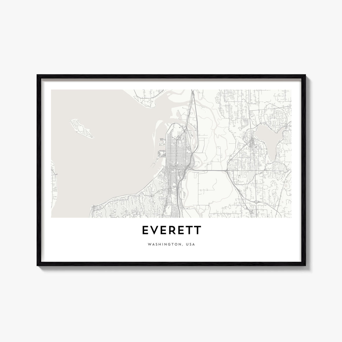 Everett black & white map poster of Washington, USA – horizontal wall art, unframed print shown in interior mockup