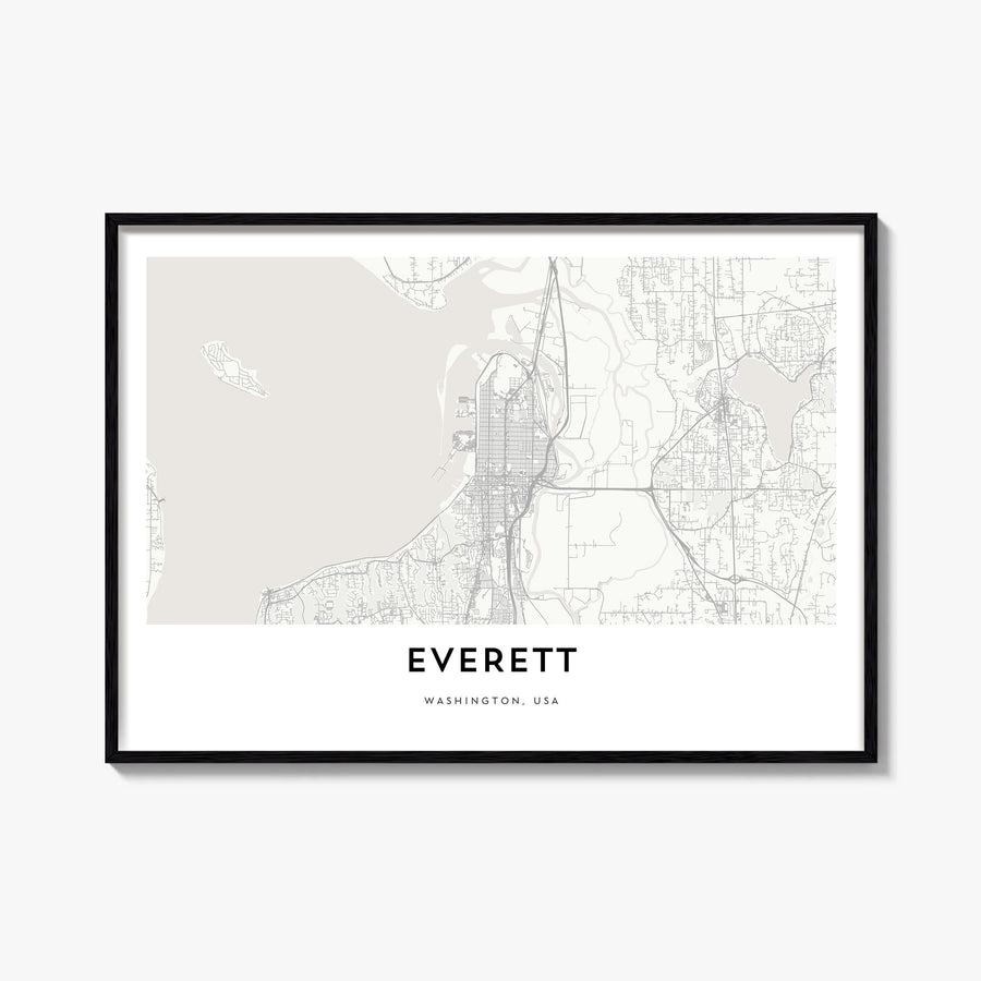 Everett black & white map poster of Washington, USA – horizontal wall art, unframed print shown in interior mockup