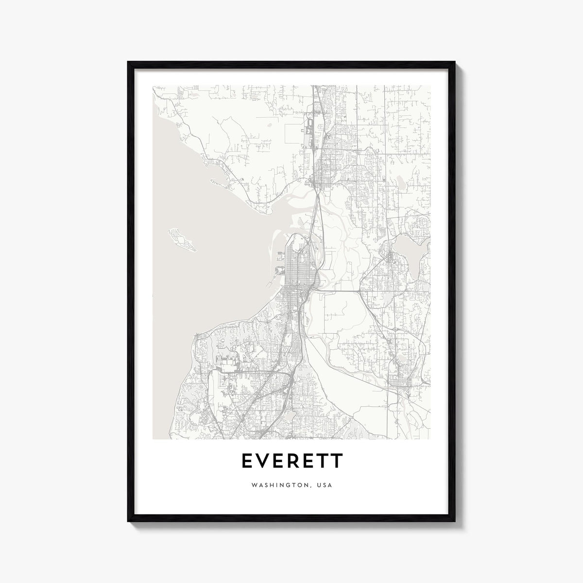 Everett black & white map poster of Washington, USA – vertical wall art, unframed print shown in interior mockup