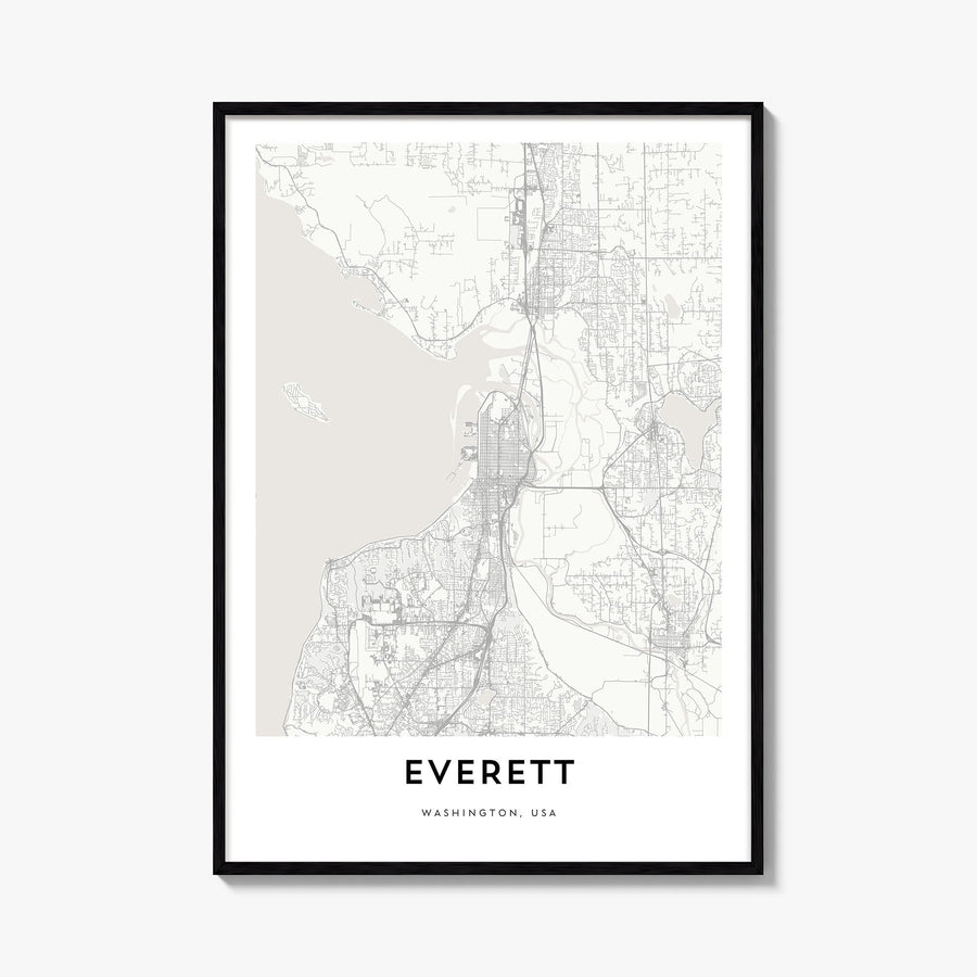 Everett black & white map poster of Washington, USA – vertical wall art, unframed print shown in interior mockup