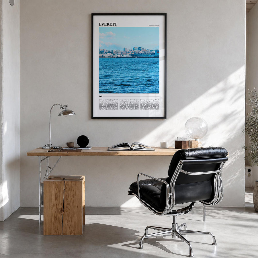 Everett colorful travel poster of Washington, USA – vertical wall art in black wood frame, hanging on wall