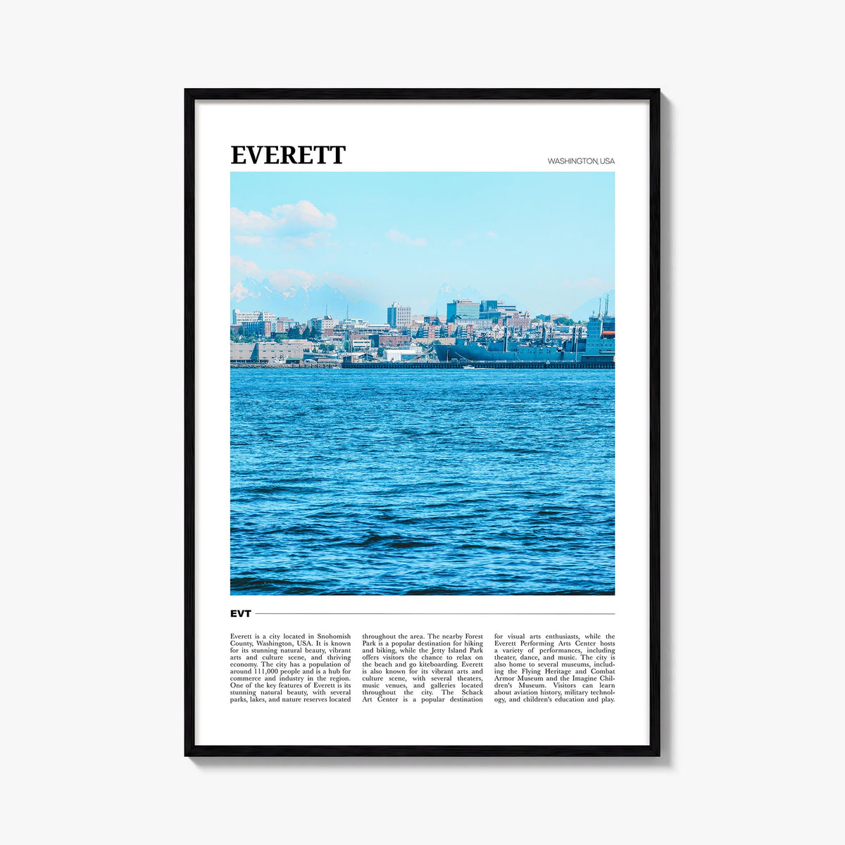 Everett colorful travel poster of Washington, USA – vertical wall art, unframed print shown in interior mockup