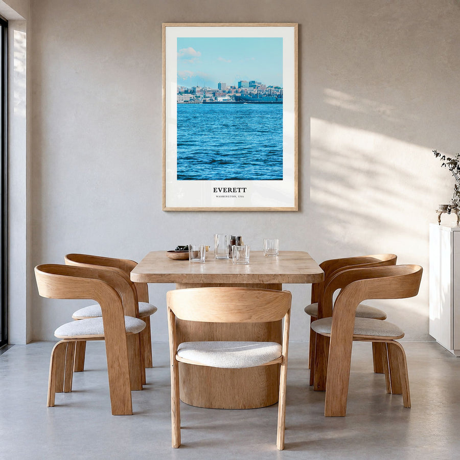 Everett Classic Poster in a natural wood frame, hanging in a dining room