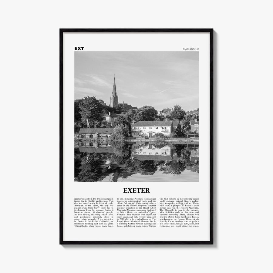 Exeter black & white newspaper poster of England, UK – vertical wall art, unframed print shown in interior mockup
