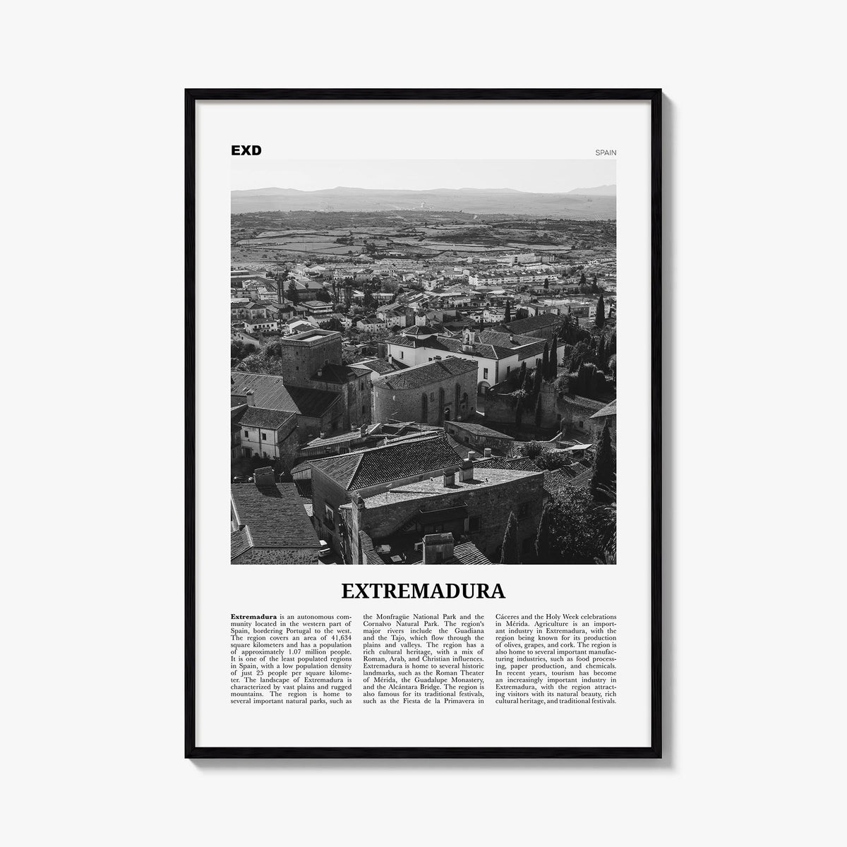 Extremadura black & white newspaper poster of Spain – vertical wall art, unframed print shown in interior mockup