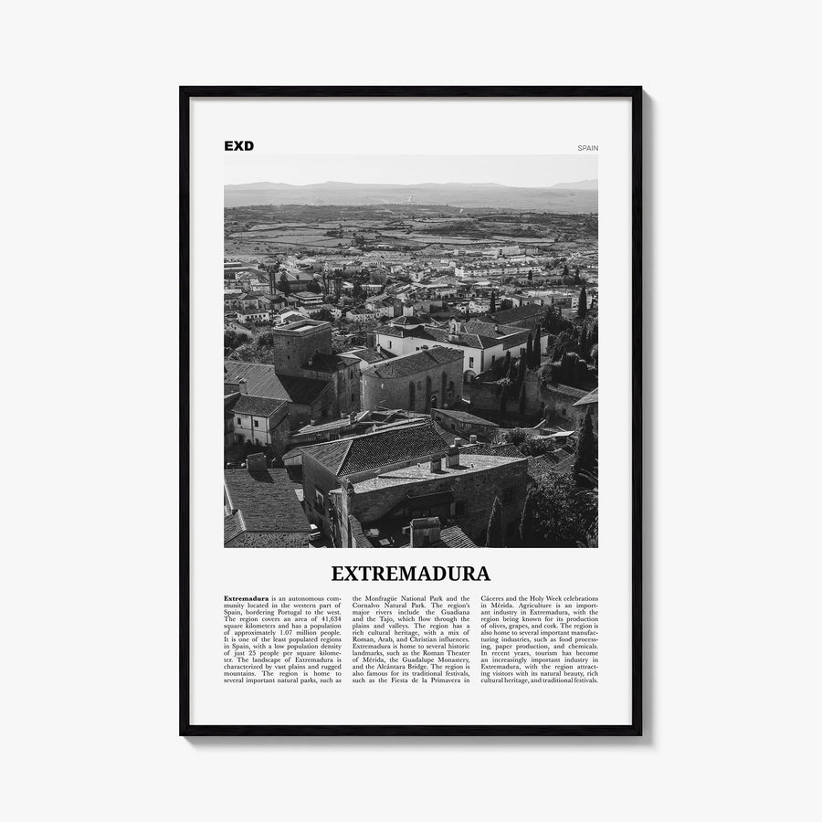 Extremadura black & white newspaper poster of Spain – vertical wall art, unframed print shown in interior mockup