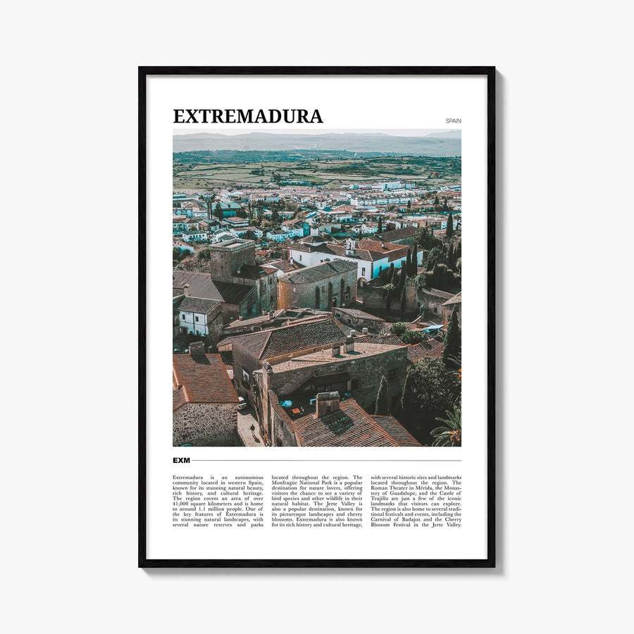 Extremadura colorful travel poster of Spain – vertical wall art, unframed print shown in interior mockup
