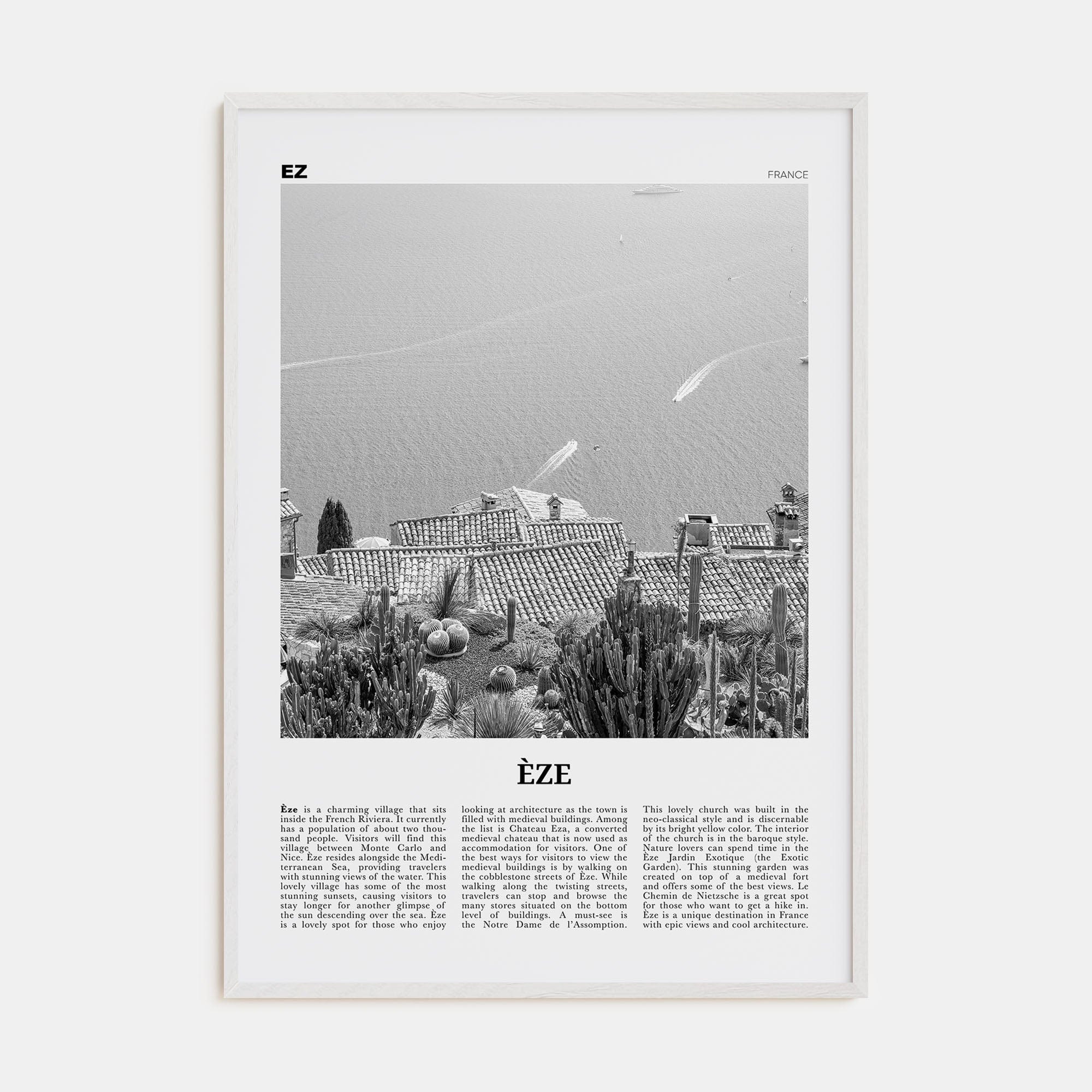 Èze Poster White Wood / 8x12 in Nbourhood Travel B&W Poster