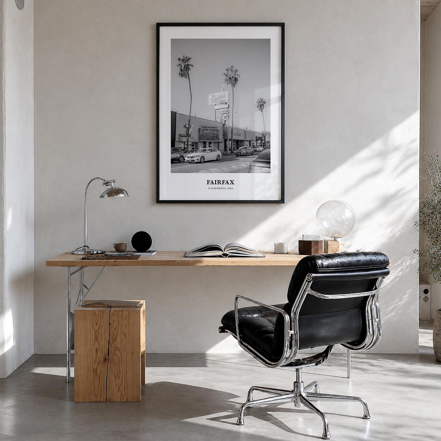 Fairfax, California black & white classic poster of California, USA – vertical wall art in black wood frame, hanging on wall