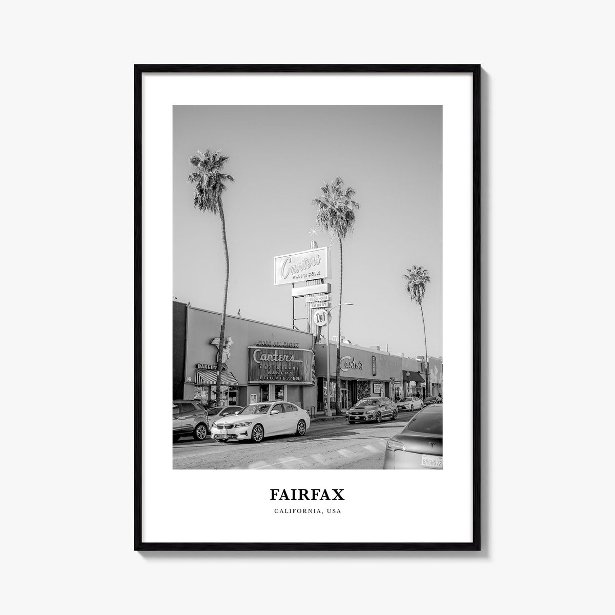 Fairfax, California black & white classic poster of California, USA – vertical wall art, unframed print shown in interior moc