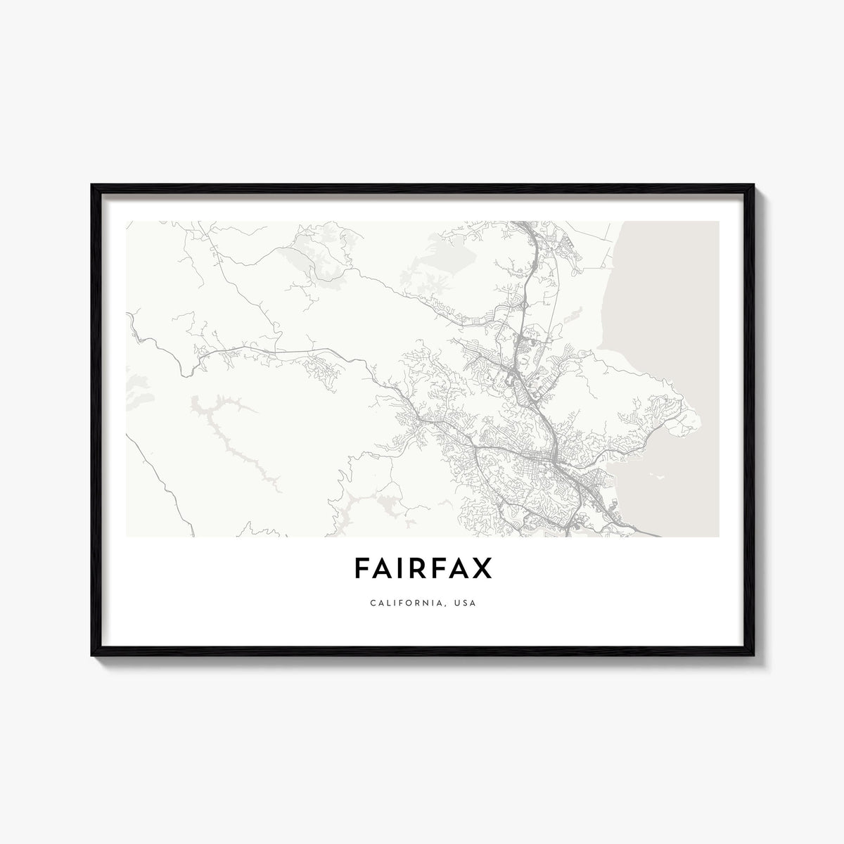 Fairfax, California black & white map poster of California, USA – horizontal wall art, unframed print shown in interior mocku