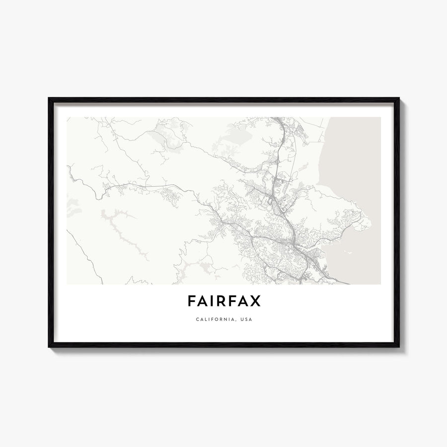 Fairfax, California black & white map poster of California, USA – horizontal wall art, unframed print shown in interior mocku