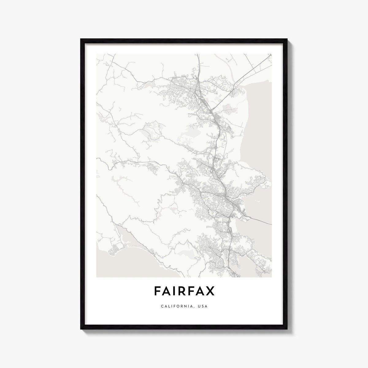Fairfax, California black & white map poster of California, USA – vertical wall art, unframed print shown in interior mockup