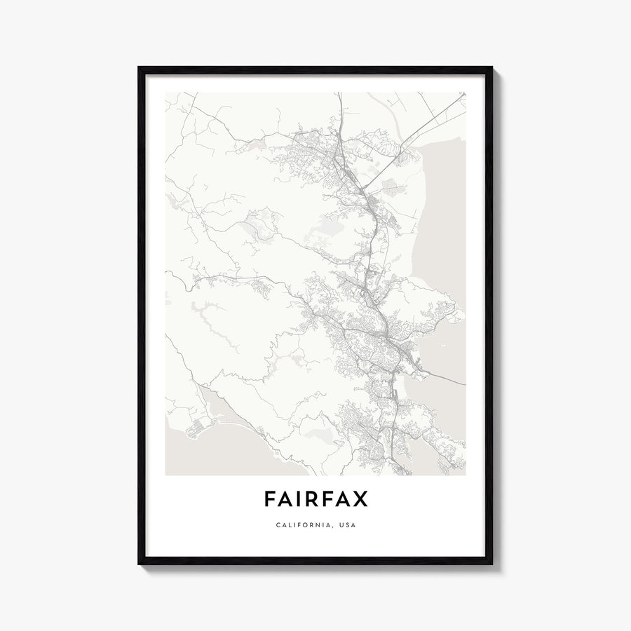 Fairfax, California black & white map poster of California, USA – vertical wall art, unframed print shown in interior mockup