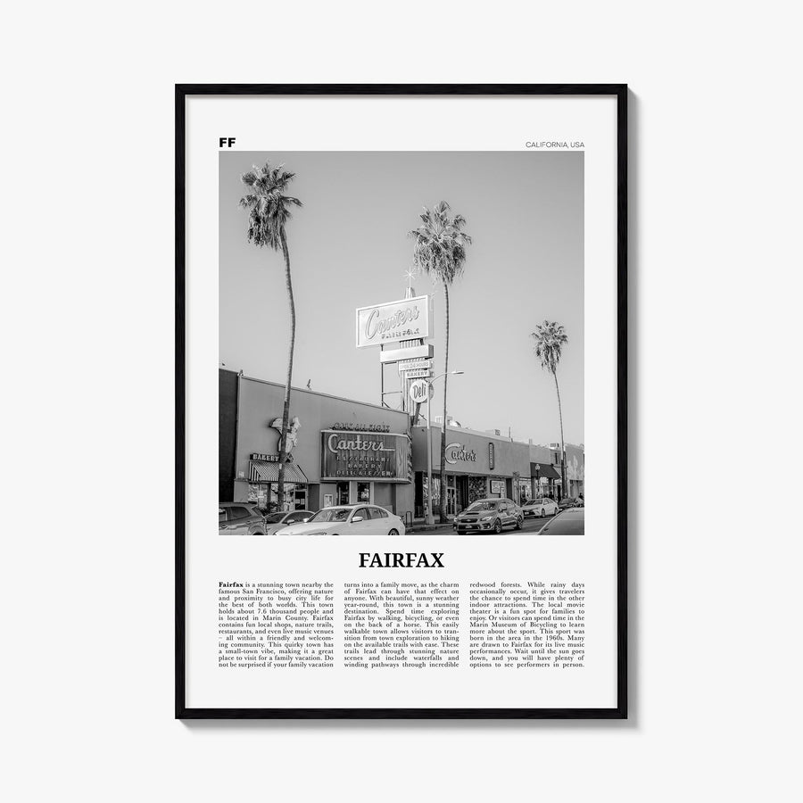Fairfax, California black & white newspaper poster of California, USA – vertical wall art, unframed print shown in interior m